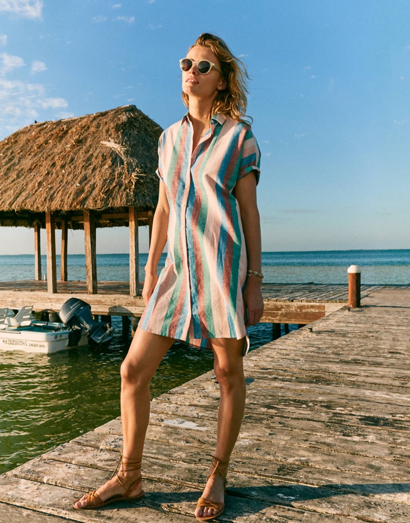 Madewell Central Shirtdress $98, Layton Sunglasses $55 and The Boardwalk Woven Lace-Up Sandal $59.50