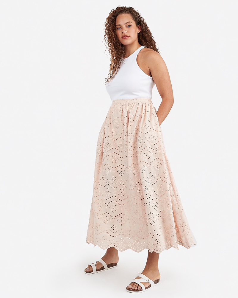 Express x Karla High Waisted Eyelet Lace Maxi Skirt in Light Mink Pink $98