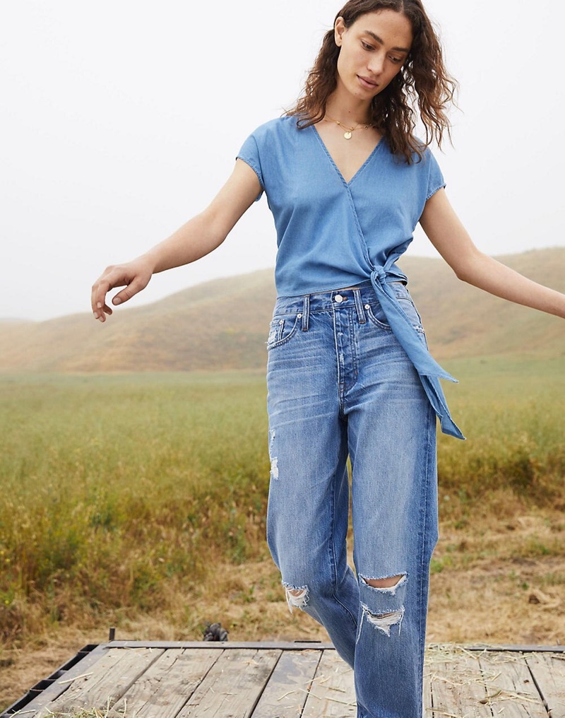 Madewell Denim Short-Sleeve Wrap Top $75 and The Dadjean in Stassen Wash $128