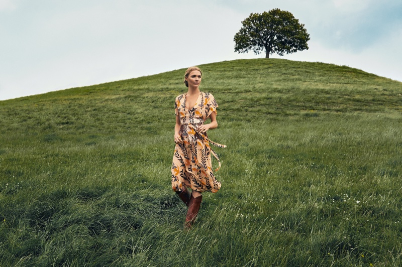 Jodie Kidd poses in Bellflower dress for Temperley London fall-winter 2019 campaign