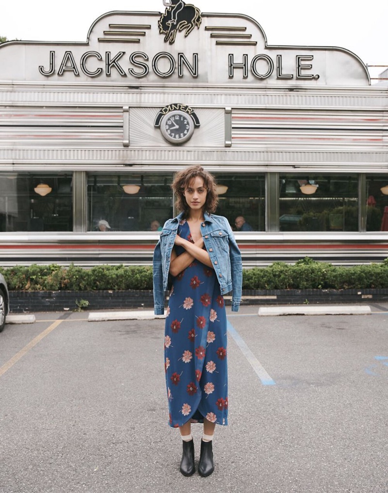 Madewell Georgette Cinched-Sleeve Maxi Dress $138, The Jean Jacket $118 and The Carina Boot $188