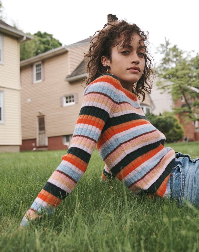 Madewell Colette sweater in Multi-Stripe $68 and Geometric Stack Statement Earrings $32