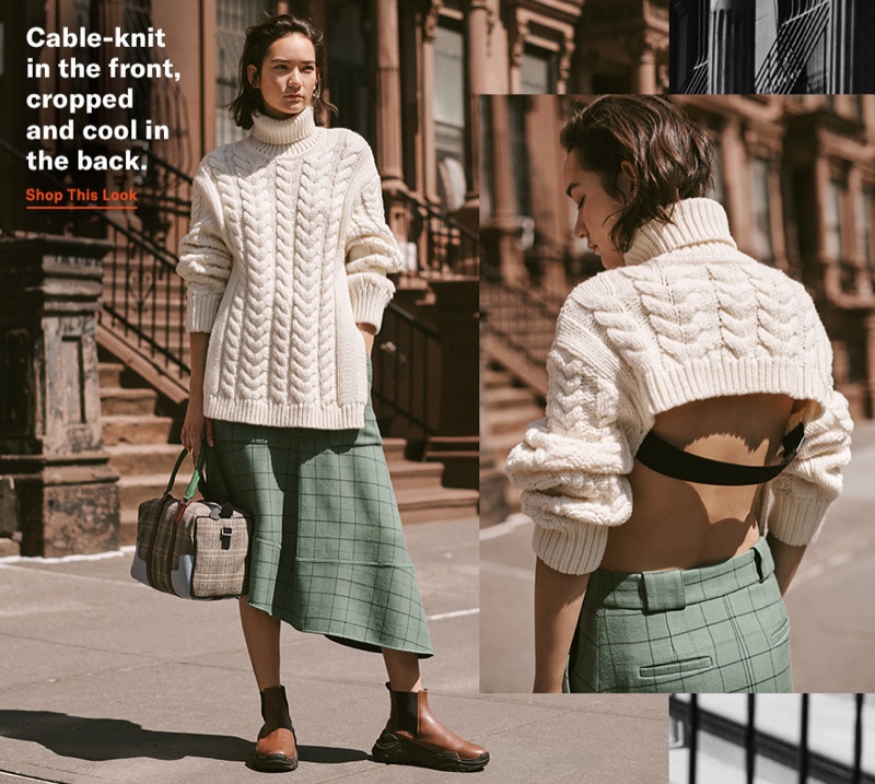 Tibi Turtleneck Bareback Pullover $850, Cargo Paneled Skirt $650, Mercredi Bag $750 and Diego Boots $595