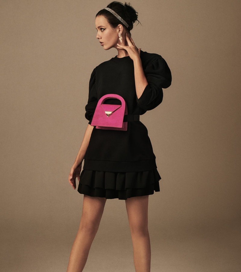 Zara Voluminous Sleeve Sweatshirt, Ruffled Mini Skirt and Leather Mini City Bag