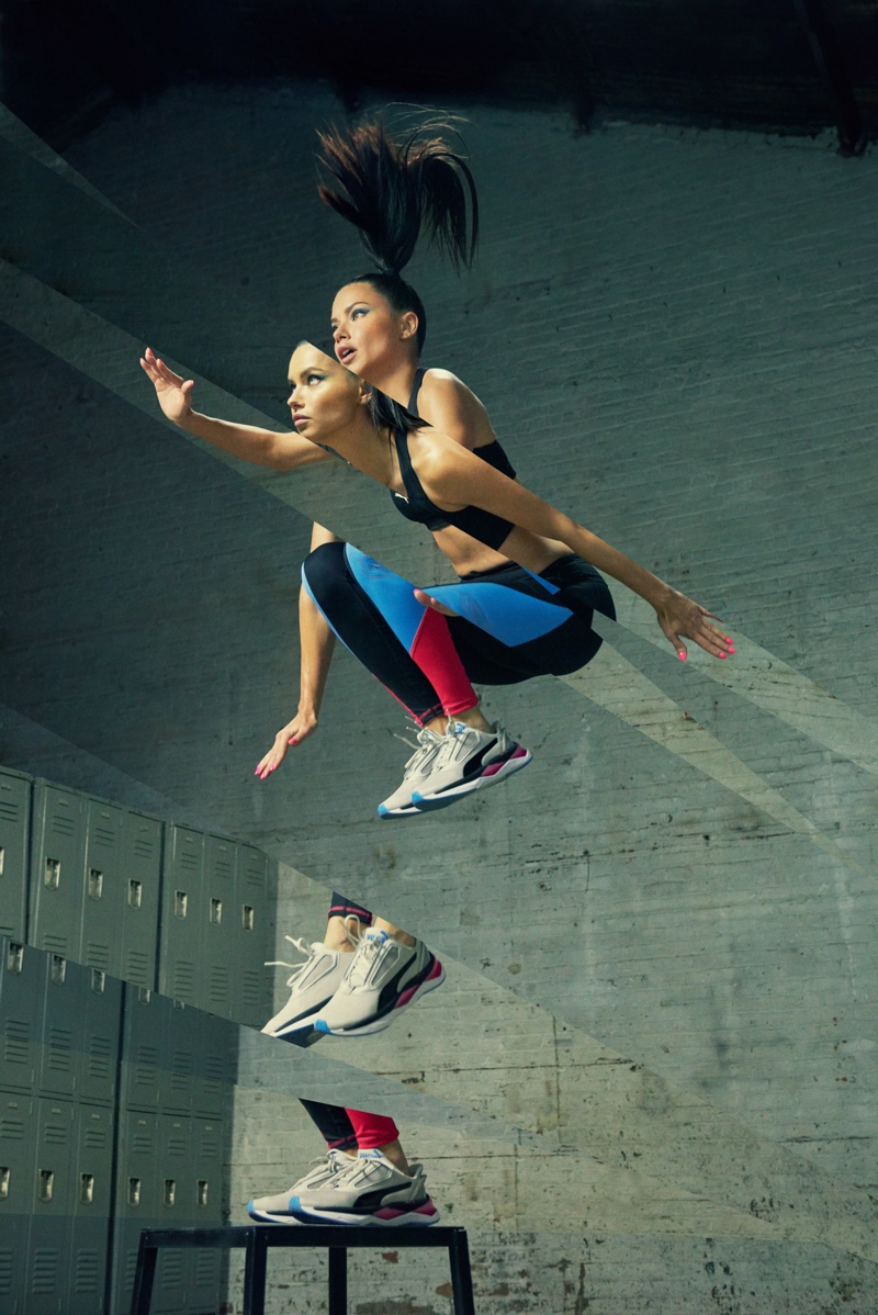 Jumping high, Adriana Lima appears in PUMA LQD Cell Shatter XT Shift campaign