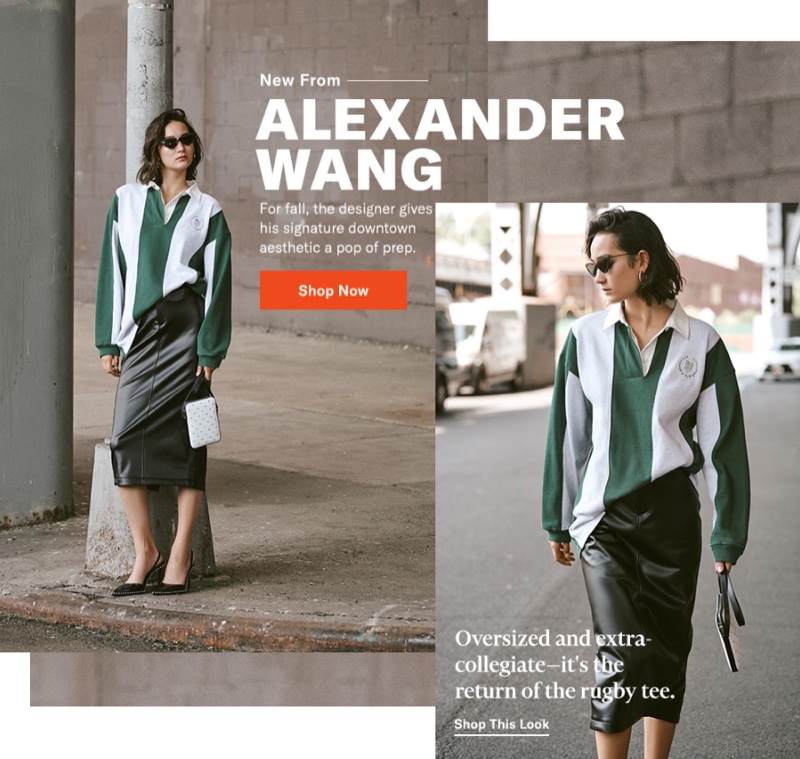 Alexander Wang Long Sleeve Rugby Collared Shirt $595, Peg Skirt $595, Scout Crossbody Bag $395 and Rina Slingback Heels $595