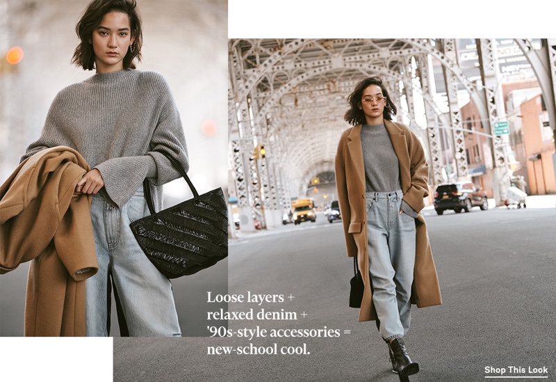 Alexander Wang Mock Neck Pullover $550, Denim x Alexander Wang Pack Mix Pants $325, Drop Shoulder Coat $1,495, Roxy Small Soft Tote $495 and Lane Boots $750