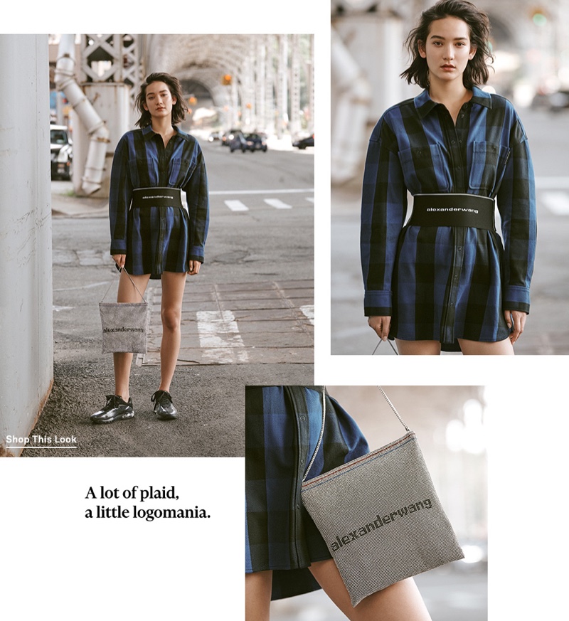 Alexander Wang Plaid Shirtdress $795, Wanglock Galloon Pouch $1,695 and Stadium Sneakers $495