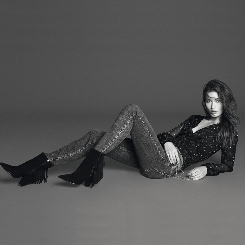 Model Grace Elizabeth wears slim-fit denim from Liu Jo