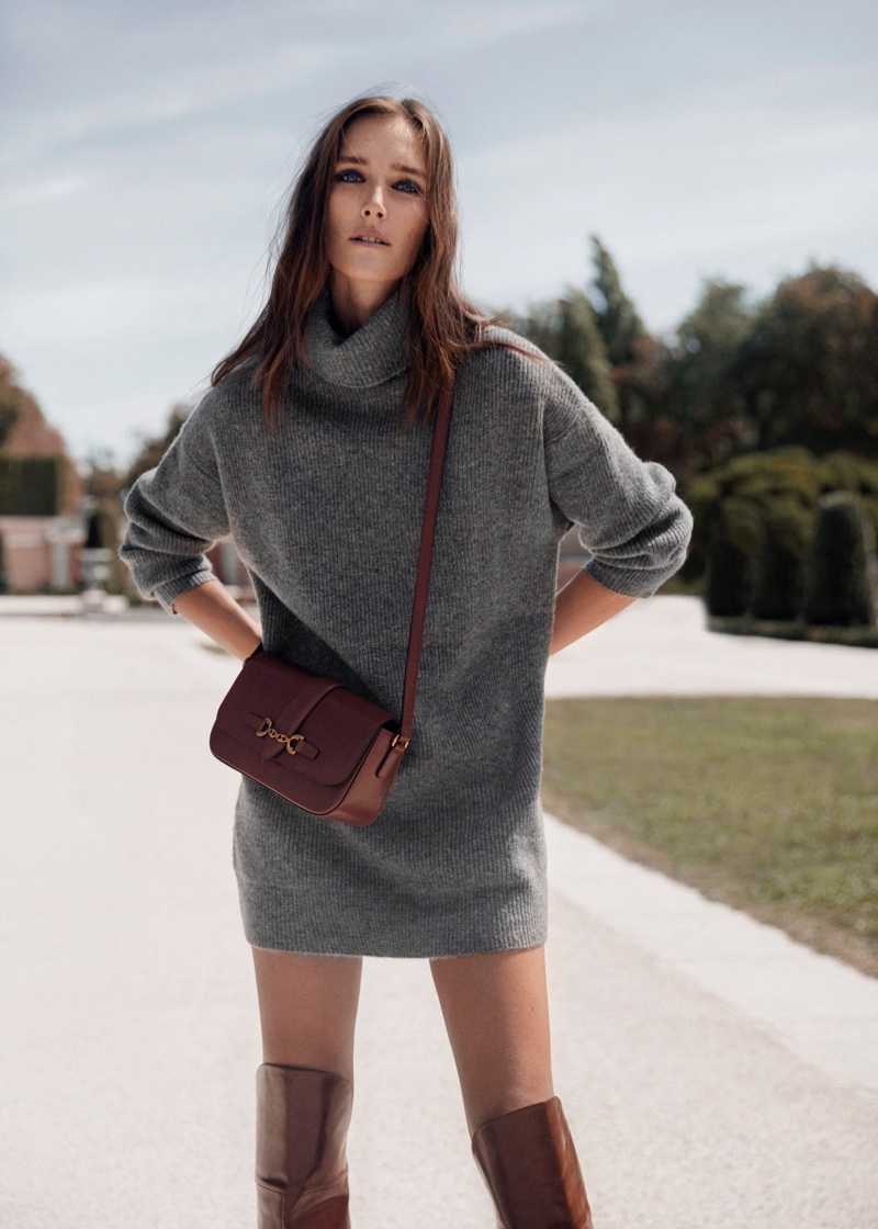 Channeling 1970's vibes, Josephine le Tutour wears Mango turtleneck sweater dress