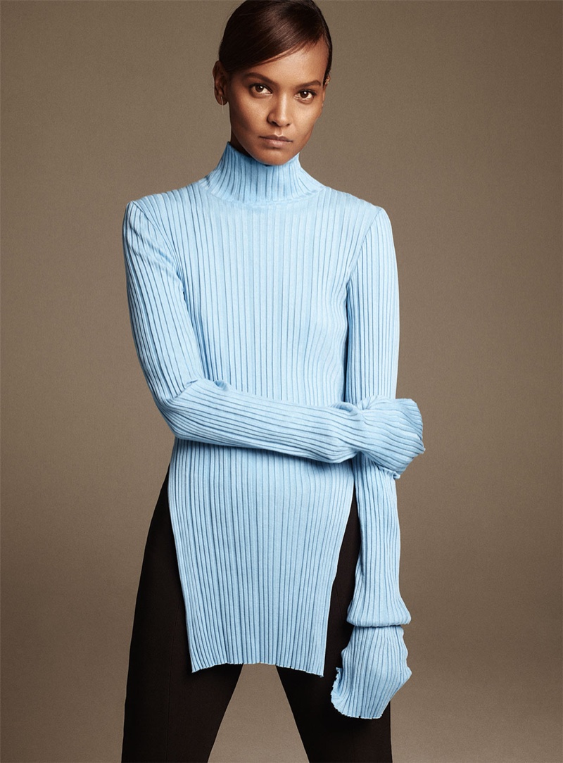 Liya Kebede wears Zara ribbed top with openings, zipper leggings and open hoop earrings