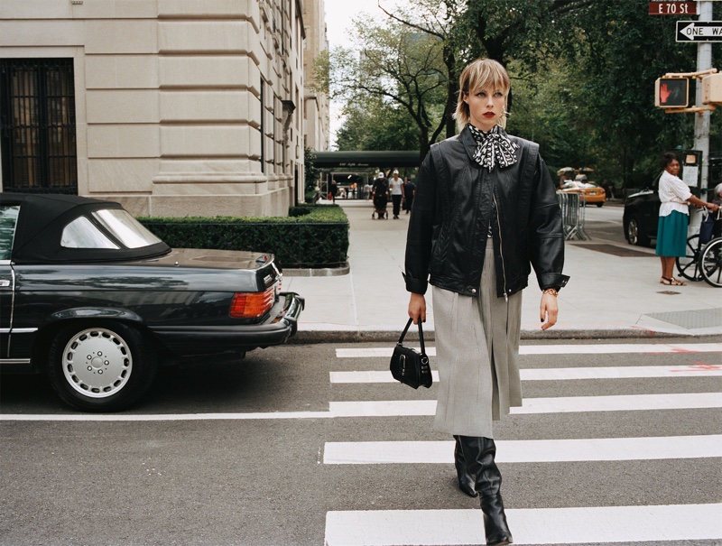 Zara Vintage 80s Leather Jacket, Zara Print Blouse, Houndstooth Skirt and Heeled Leather Boots