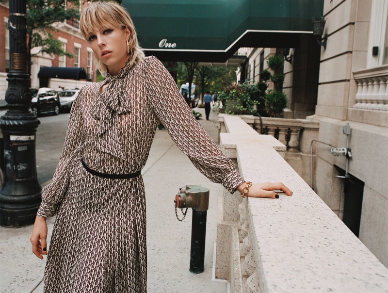 Zara Pleated Printed Dress and Textured Hoop Earrings