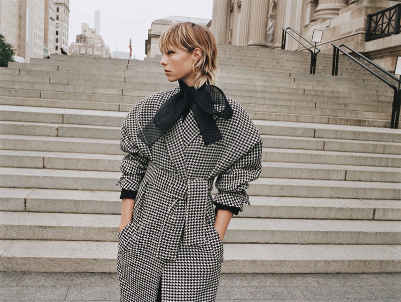 Zara Houndstooth Coat and Organza Blouse with Tie