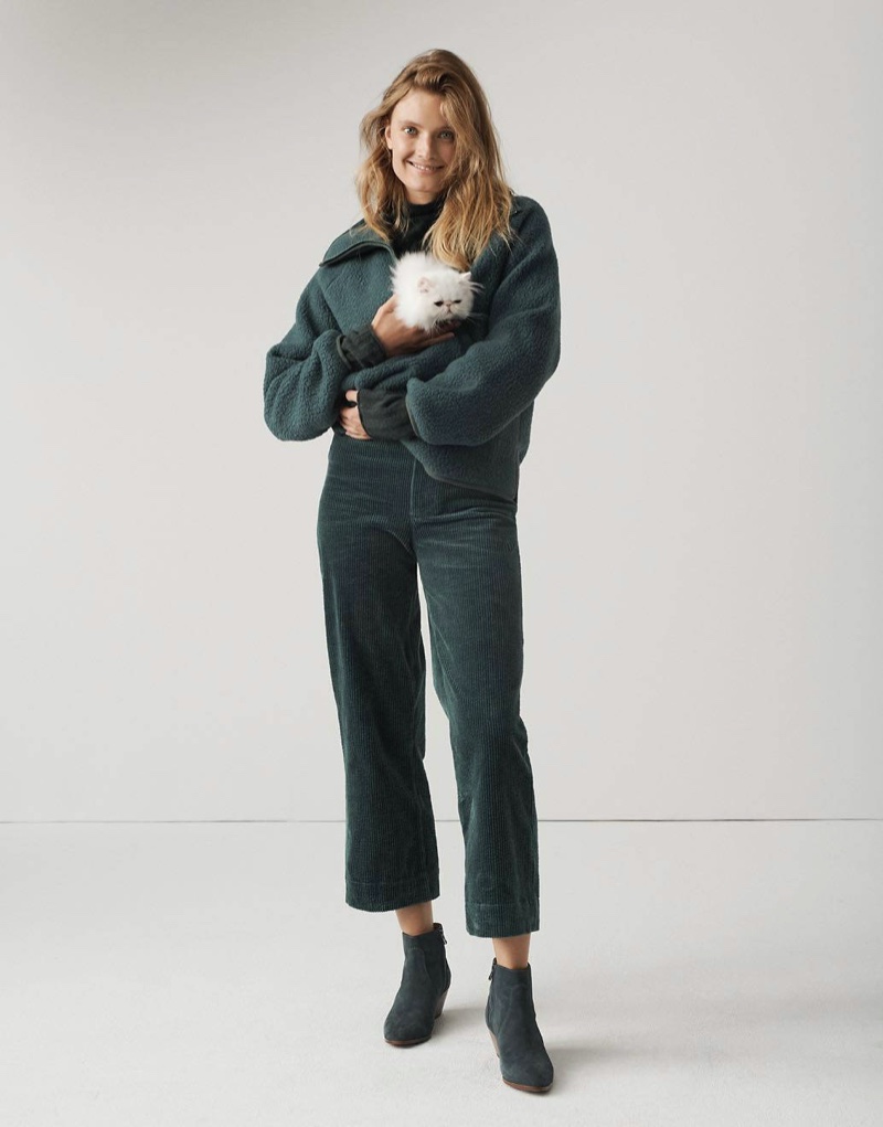 Madewell Polartec Fleece Half-Zip Jacket $128, Slim Emmett Wide-Leg Crop Pants: Corduroy Edition $98 and The Western Boot in Suede $198