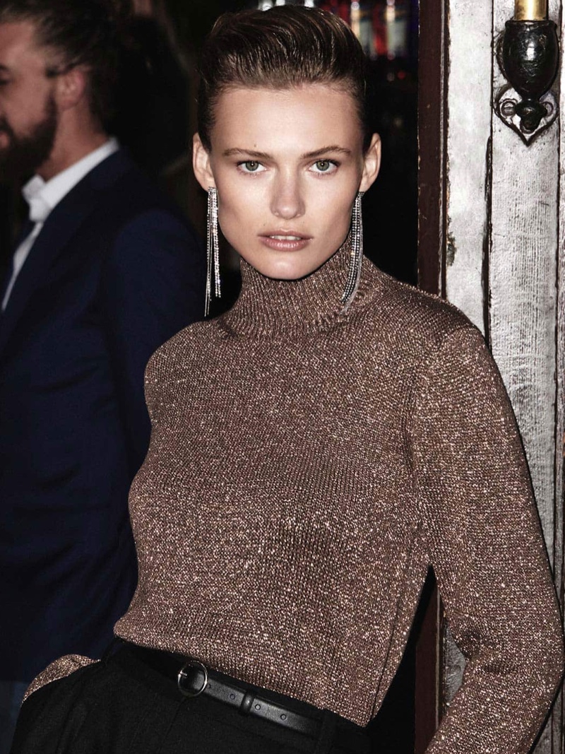 Massimo Dutti Metallic Thread High Neck Sweater, Black Wool Culottes and Shiny Cascading Earrings