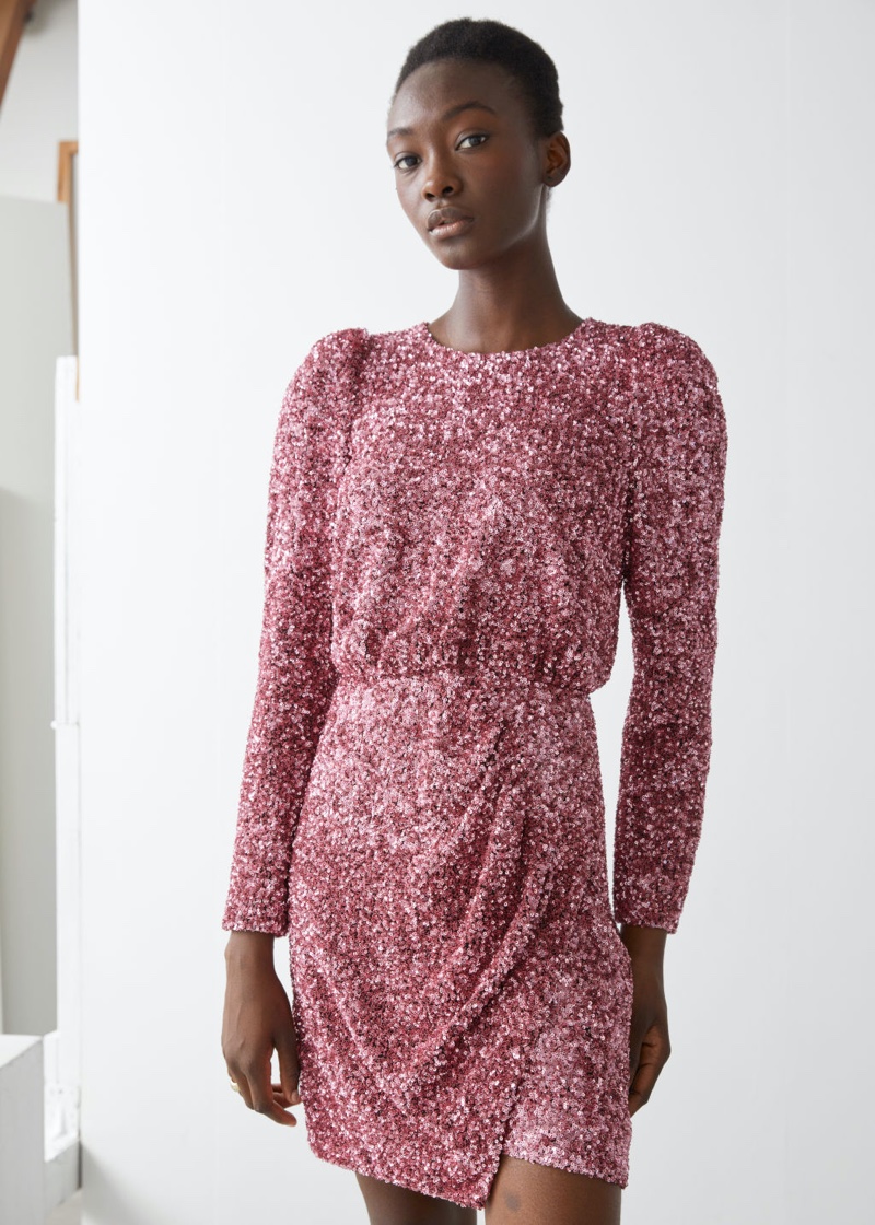 & Other Stories Padded Shoulder Sequin Dress in Pink $179