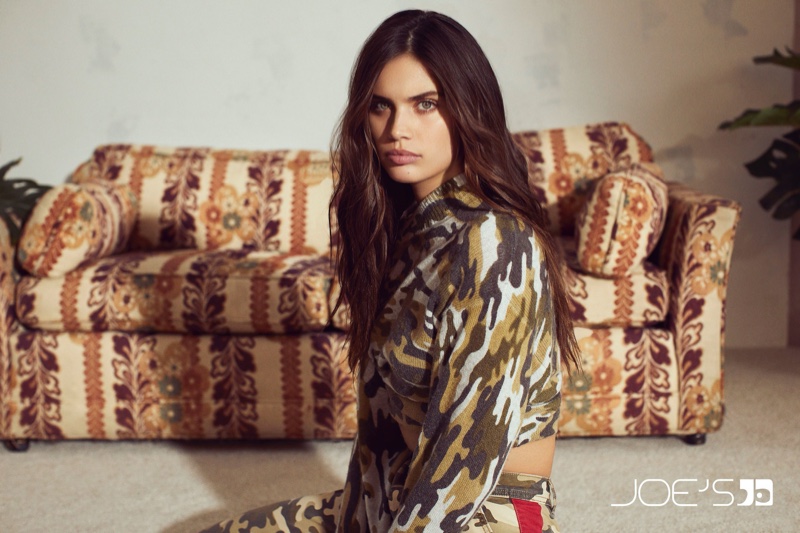 Model Sara Sampaio poses in camouflage prints for Joe's Jeans fall-winter 2019 campaign