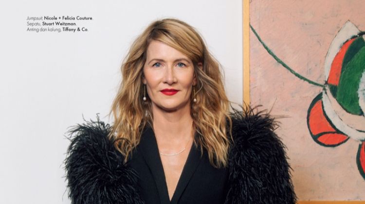 Actress Laura Dern wears Nicole + Felicia Couture jumpsuit