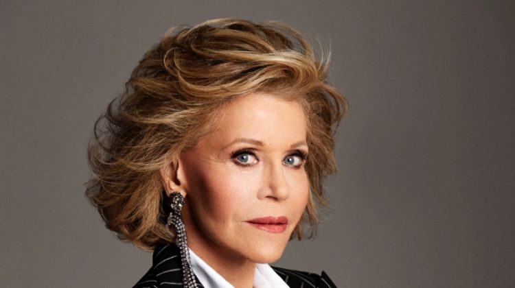 Actress Jane Fonda wears Alexandre Vauthier Haute Couture blazer, Chanel shirt and Gucci earrings