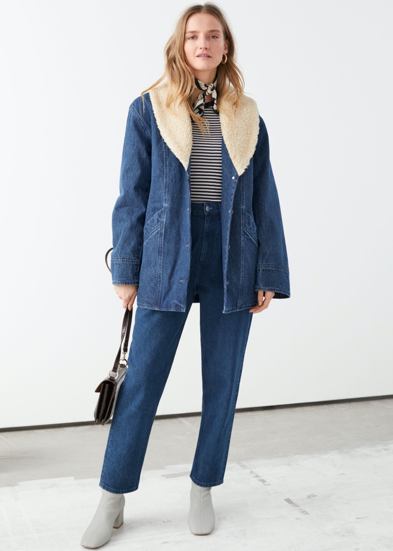 & Other Stories Organic Cotton Shearling Collar Denim Coat $179