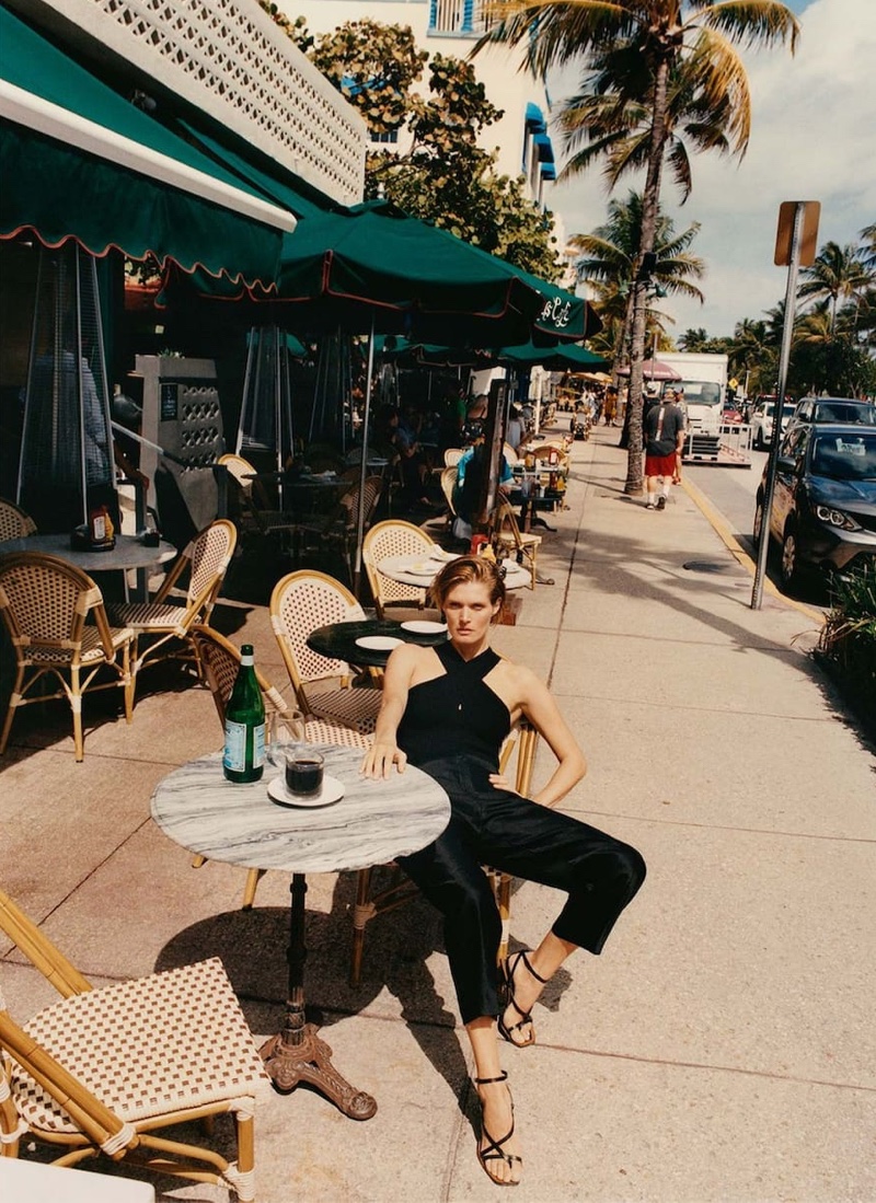 Malgosia Bela wears Massimo Dutti Limited Edition crossover ribbed top, straight fit linen trousers and high-heel sandals