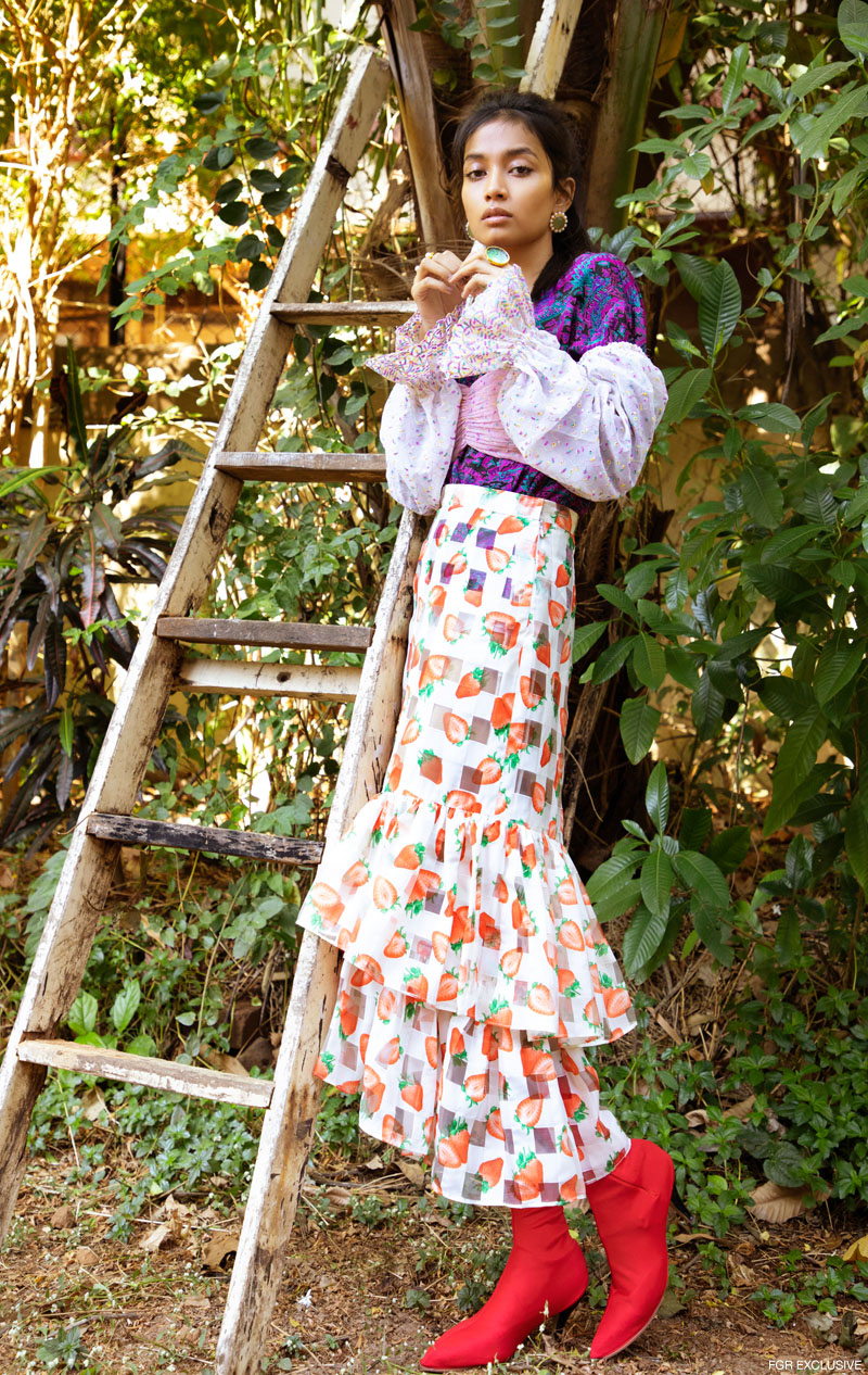 Shirt Calvin Vintage, Crop Top & Skirt Aniket Satam, Earring Hyperbole, Ring Box Of Hues and Shoes Hogwash. Photo: Kay Sukumar