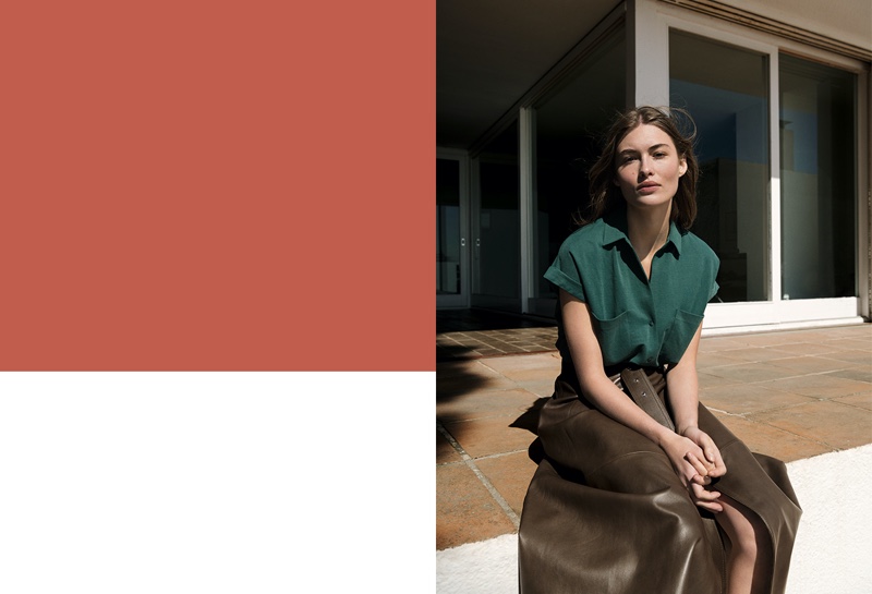 Grace Elizabeth wears Massimo Dutti short sleeve shirt with pockets and Limited Edition leather skirt.