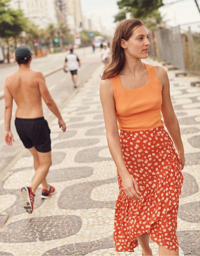 Madewell Ward Sweater Tank $34.99 & Ruffle-Wrap Midi Skirt in Happy Hibiscus $98