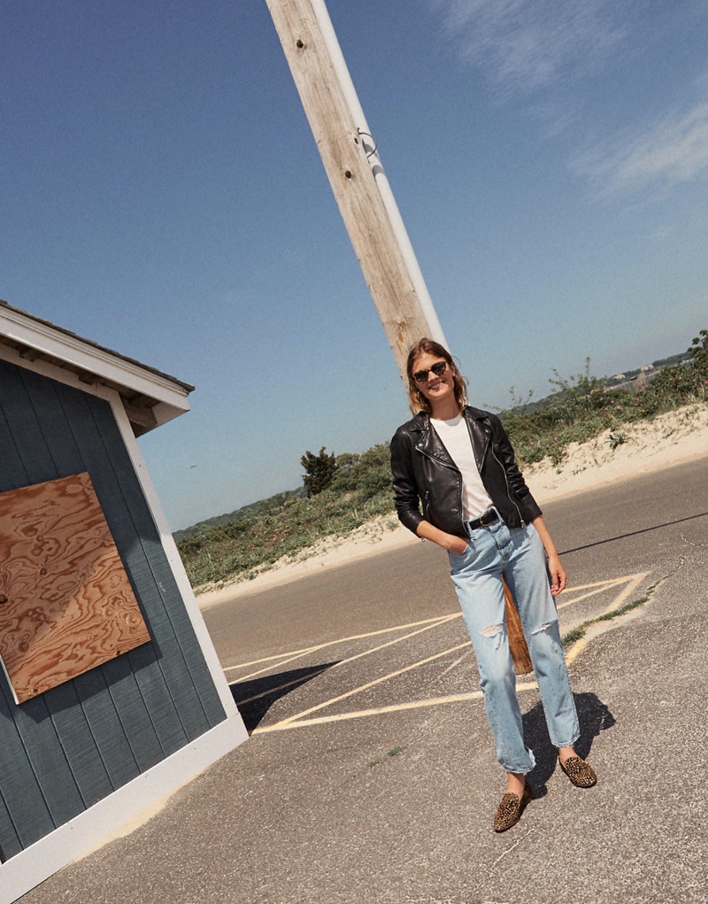 Madewell Washed Leather Motorcycle Jacket $498, Raw-Edged Hangout Muscle Tank $39.50, The Dadjean: Ripped Edition $118 & The Alex Loafer $158