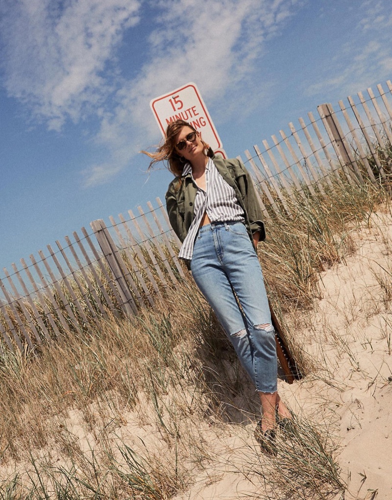 Madewell Military Shirt Jacket $138, The High-Rise Slim Boyjean $98.50 & Indio Sunglasses in Demi Tort $55