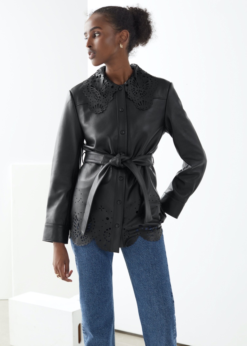 & Other Stories Belted Laser Cut Leather Jacket $449