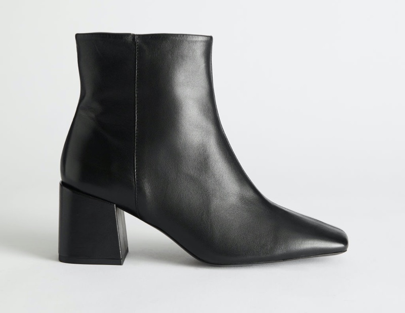 & Other Stories Leather Square Toe Heeled Boots in Black