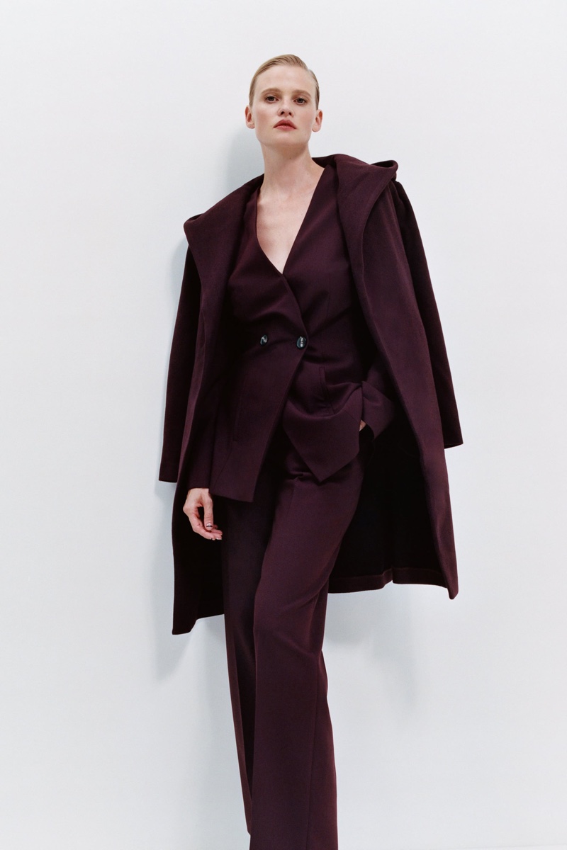 Suiting up, Lara Stone poses in Zara's fall 2020 designs.