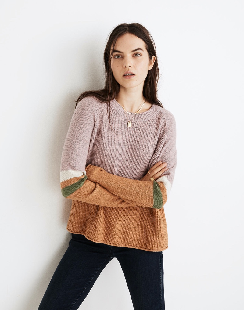 Madewell Striped Roll-Trim Waffle Pullover Sweater $69.50