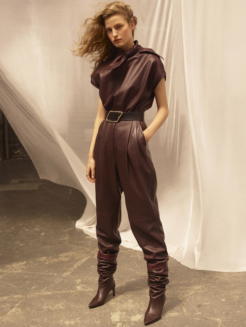 Massimo Dutti Limited Edition Leather Top with Bow, Leather Trousers, and Leather Belt with Rhombus Buckle.