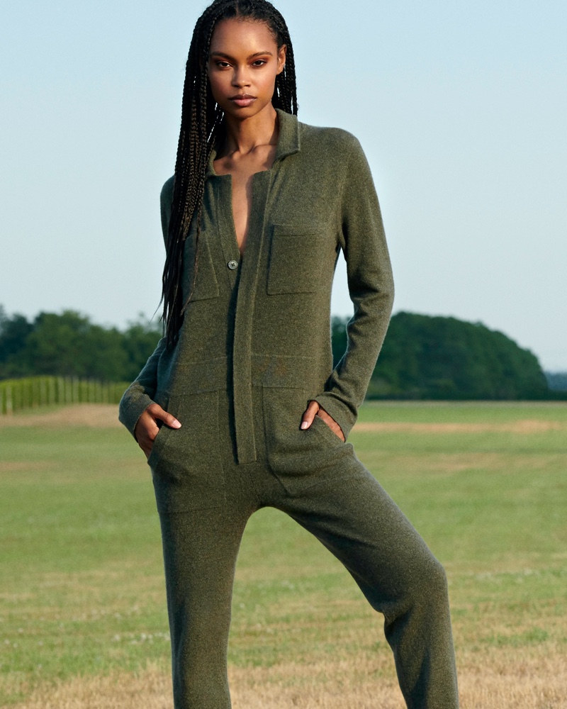 Taelor Thein poses in Aspen jumpsuit from Naked Cashmere's fall 2020 collection.