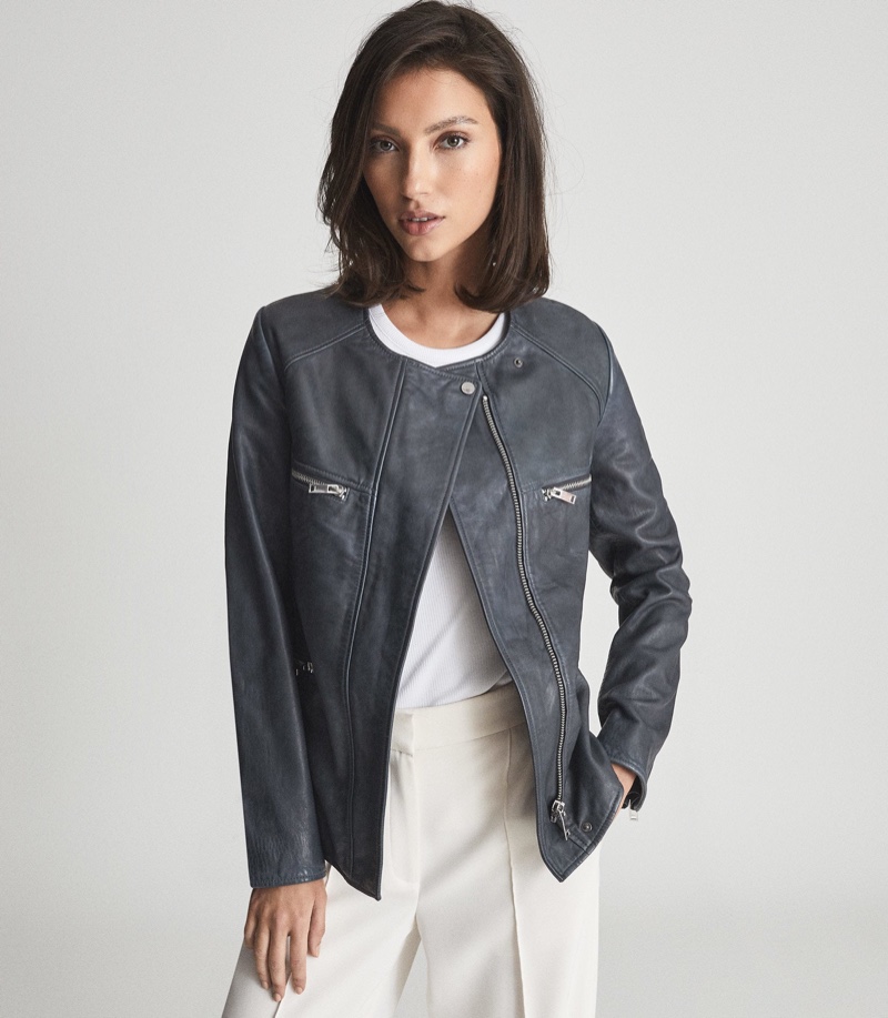 Reiss Indie Leather Collarless Biker Jacket $395