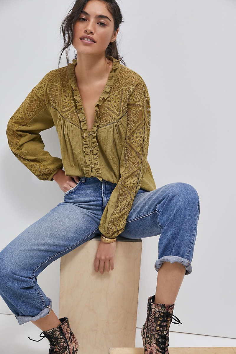 Forever That Girl Stephine Lace Buttondown in Green $148