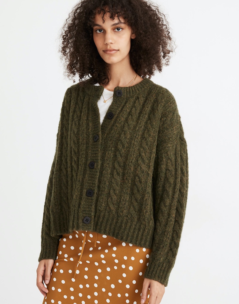 Madewell Pointelle Cable Cardigan Sweater in Heather Basil $110