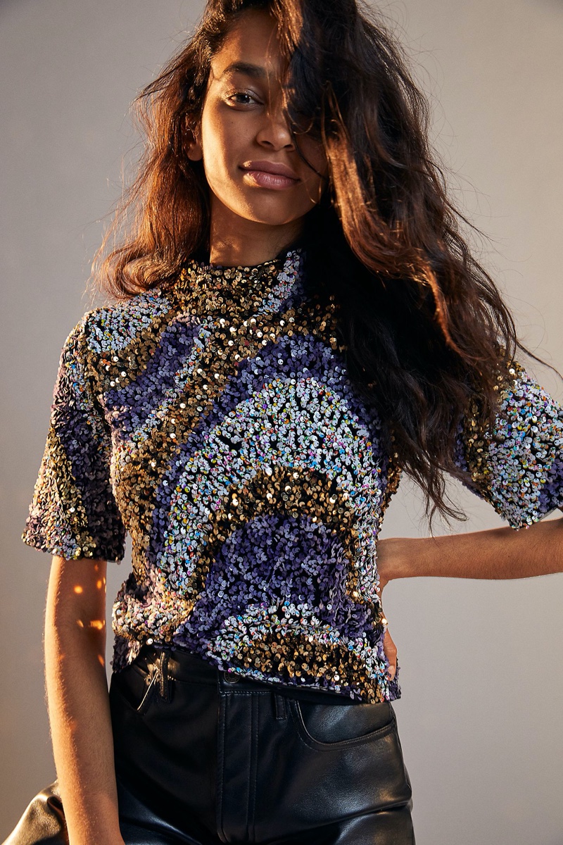 Maeve Maribella Sequined Mock Neck Top $118