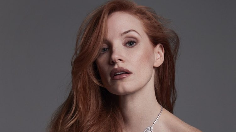 Jessica Chastain poses in Celine dress with Piaget necklace. Photo: David Roemer