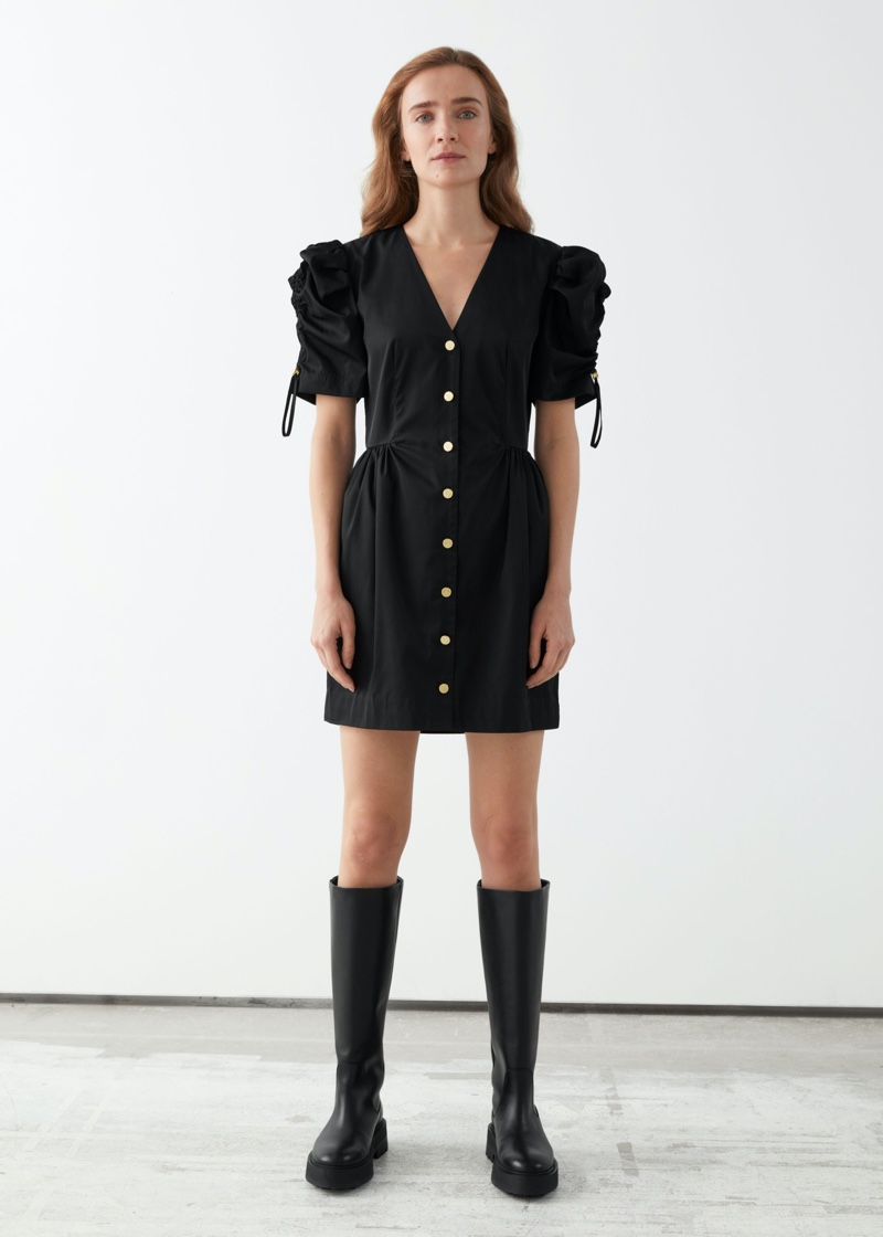 & Other Stories x Brøgger Gold Button Puff Sleeve Mini Dress $129