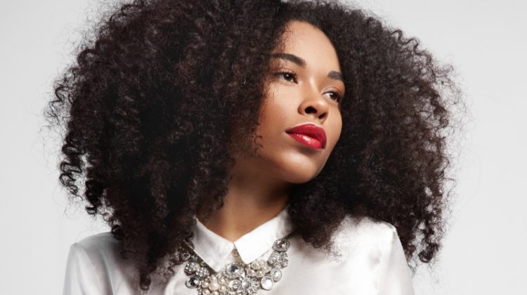 Black Woman Curly Natural Hair Red Lipstick