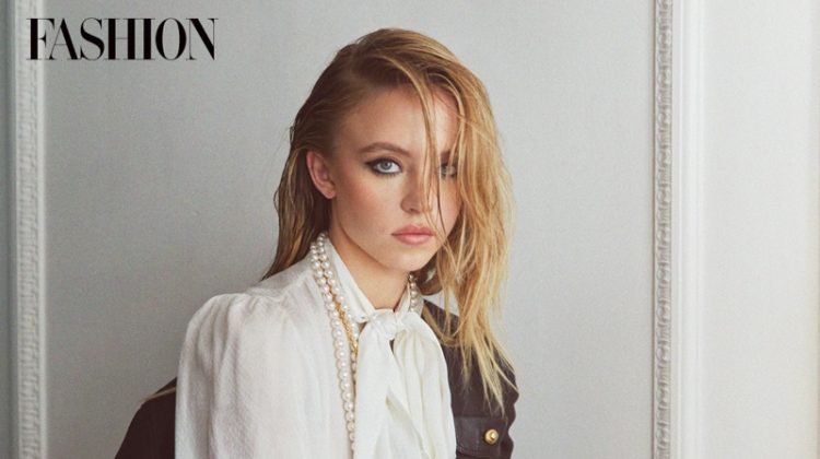 Sydney Sweeney poses in a dramatic black and white ensemble. Photo: Greg Swales / FASHION