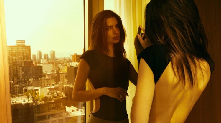 Model Emily Ratajkowski wears an open back bodysuit. Photo Credit: Austin Hargrave