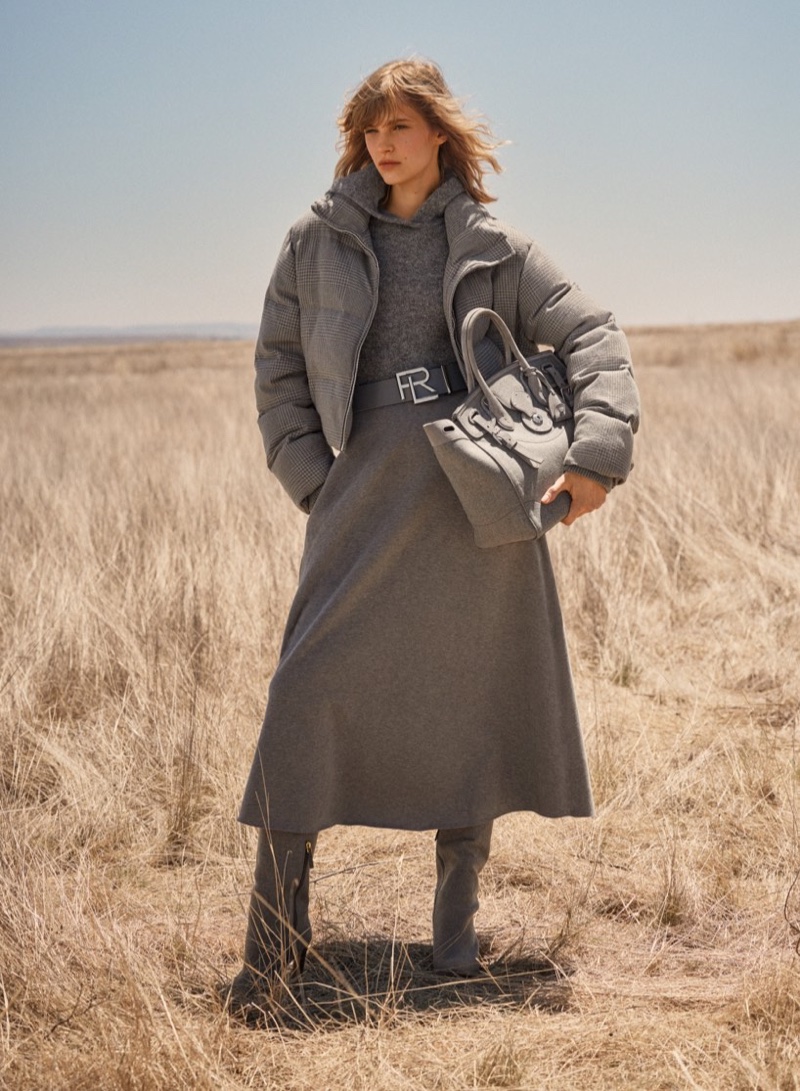 Ralph Lauren fall 2023: a puffer jacket paired with a knit dress in grey.