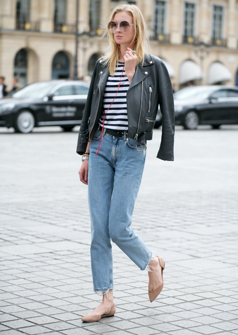 Leather Jacket Striped Tee Jeans