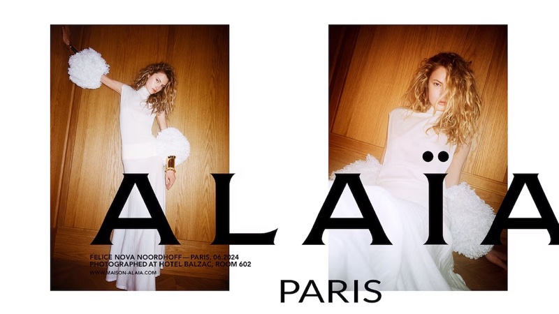 Felice Nova Noordhoff models a white dress in the Alaia summer-fall 2024 campaign.