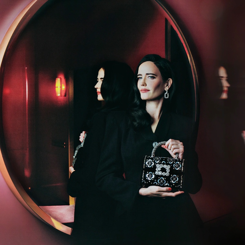 Chaneling retro style, Eva Green poses with a sparkling bag in Roger Vivier's Vivier Express campaign.